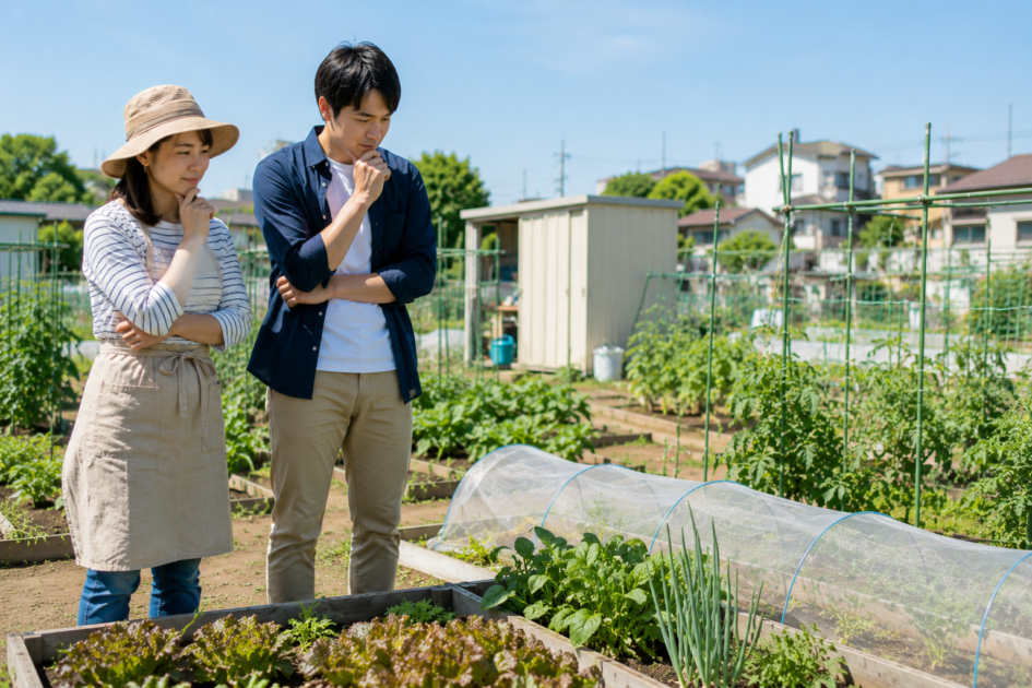 市民農園と家庭菜園の違いを考えながら、自分に合う畑の利用方法を検討する夫婦