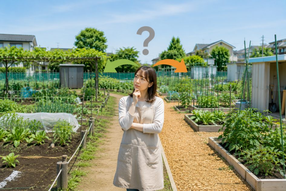 草加市民農園とシェア畑草加の違いを見比べながら、自分に合う農園を検討する利用者のイメージ