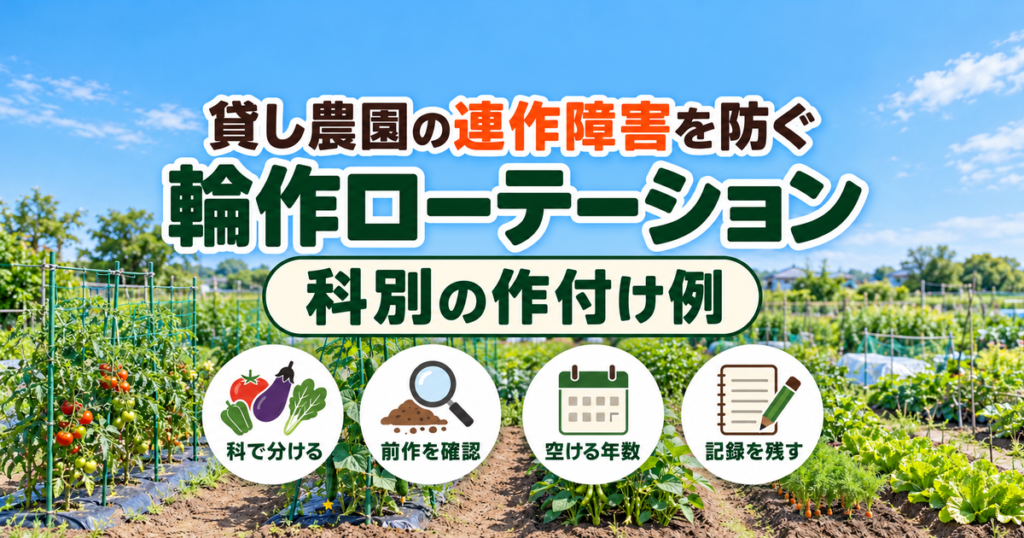 トマトやキュウリが育つ貸し農園の区画を背景に、連作障害を防ぐ輪作ローテーションのタイトルと4つのアイコンを配置した画像