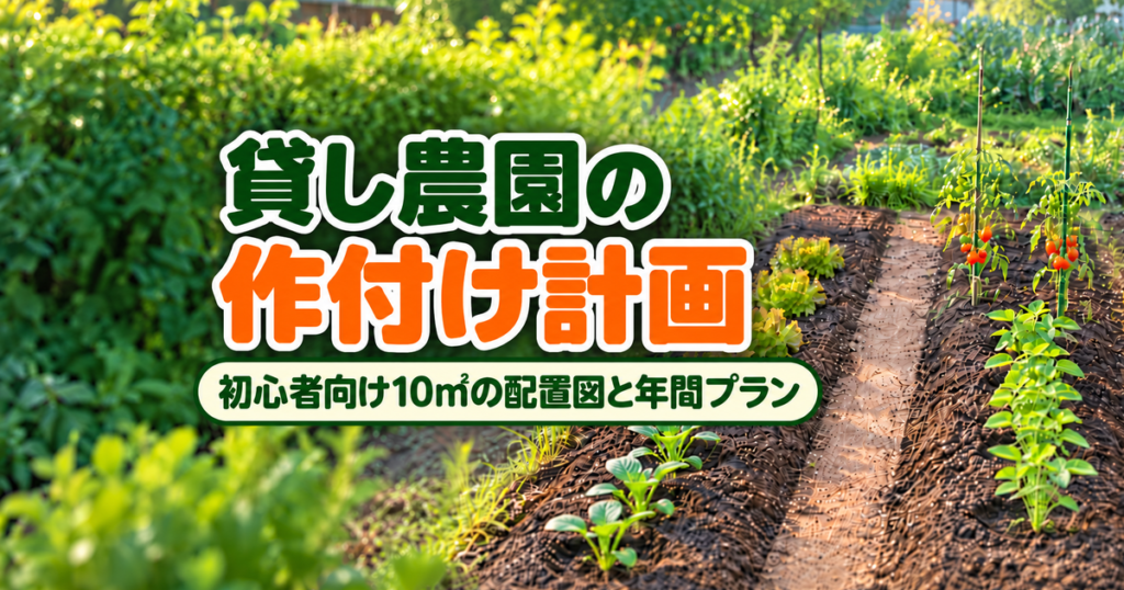 支柱のミニトマトとレタスが育つ貸し農園の畝と通路に、作付け計画のタイトルを大きく重ねた画像