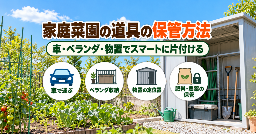 菜園と道具が入った物置を背景に、家庭菜園の道具の保管方法のタイトルと4つのアイコンを大きく配置した画像