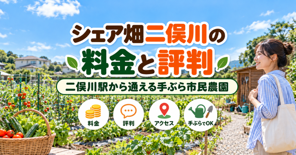 青空の貸し農園と野菜かご、トートバッグの女性に、シェア畑二俣川の料金と評判の文字と料金・評判・アクセス・手ぶらでOKのアイコン