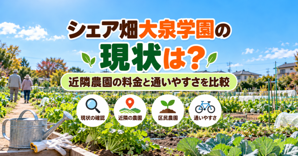 晴天の貸し農園と水やり用じょうろ・軍手に、シェア畑大泉学園の現状と近隣農園の比較を示すタイトルとアイコン